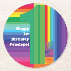 Dessous-de-verre Rond En Papier Mod Rainbow Colorée 1ère fête d'anniversaire