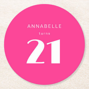 Dessous-de-verre Rond En Papier Moderne fête d'anniversaire 21 vingt-et-un rose ch
