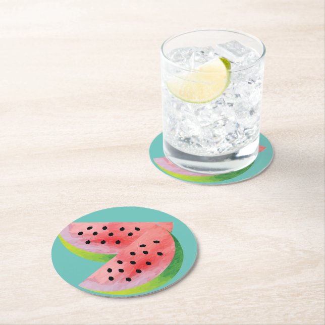 Dessous-de-verre Rond En Papier Moitiés de pastèque rose (En situation)