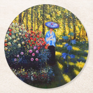 Dessous-de-verre Rond En Papier Monet Woman avec un parasol dans le jardin