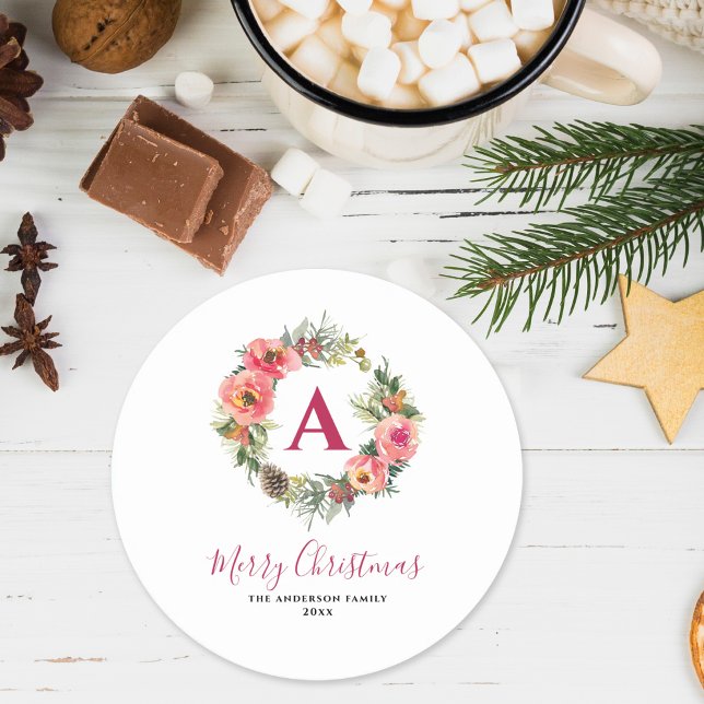 Dessous-de-verre Rond En Papier Monogram Red Greenery Pink Wreath Christmas  (Créateur téléchargé)