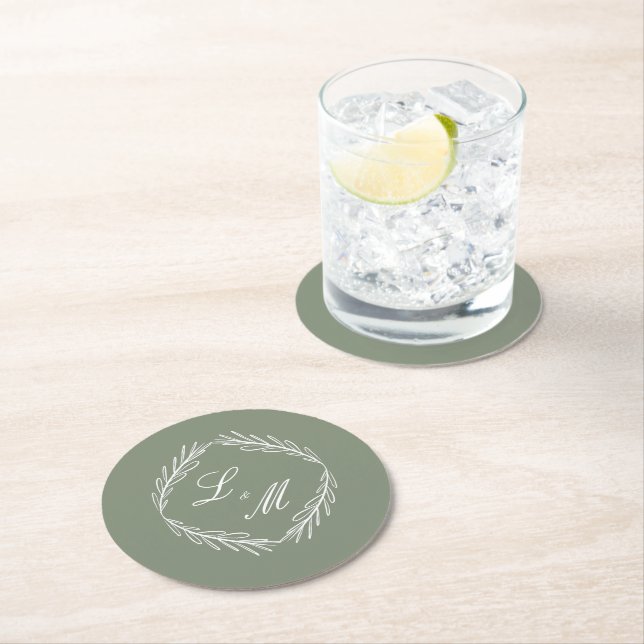 Dessous-de-verre Rond En Papier Monogram Script Branch Vert Sage Mariage    (En situation)