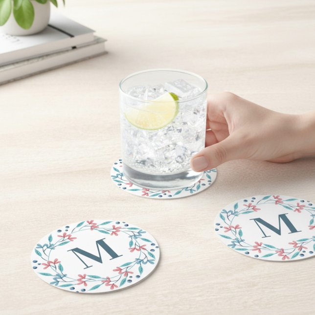 Dessous-de-verre Rond En Papier Monogramme à couronne florale simple (Créateur téléchargé)