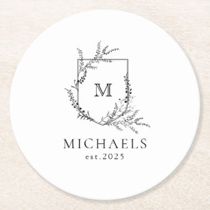 Dessous-de-verre Rond En Papier Monogramme classique noir et blanc Papier rond Coa