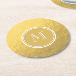 Dessous-de-verre Rond En Papier Monogramme d'arrière - plan de feuille d'or de