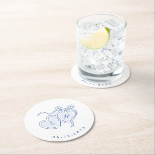 Dessous-de-verre Rond En Papier Monogramme de cœurs dessinés à la main pour mariag