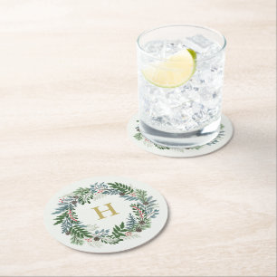 Dessous-de-verre Rond En Papier Monogramme de couronne de Noël