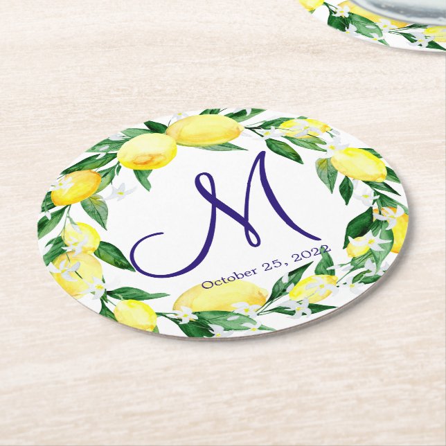 Dessous-de-verre Rond En Papier Monogramme de fleurs de citrons (Incliné)