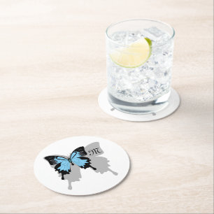 Dessous-de-verre Rond En Papier Monogramme de l'ombre des papillons à dos bleu
