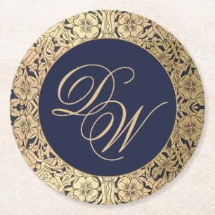 Dessous-de-verre Rond En Papier Monogramme de mariage bleu marine or vintage éléga