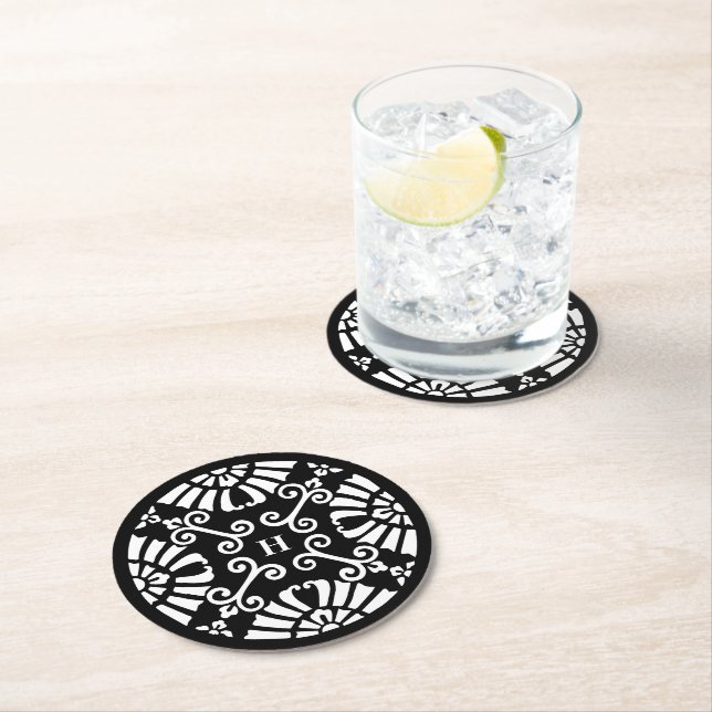 Dessous-de-verre Rond En Papier Monogramme de mariage noir et blanc vintage (En situation)