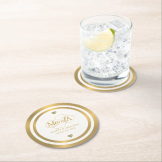 Dessous-de-verre Rond En Papier Monogramme de mariage personnalisé or blanc
