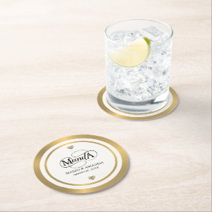Dessous-de-verre Rond En Papier Monogramme de mariage personnalisé or blanc