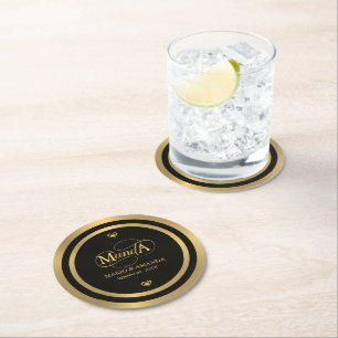 Dessous-de-verre Rond En Papier Monogramme de mariage personnalisé Or Noir