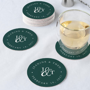 Dessous-de-verre Rond En Papier Monogramme de Mariage vert Chasseur solide