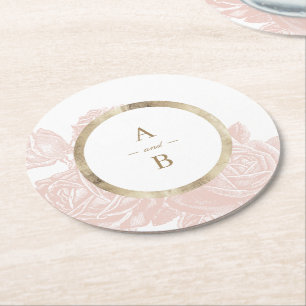 Dessous-de-verre Rond En Papier Monogramme de mariage vintage or rose luxueux