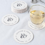 Dessous-de-verre Rond En Papier Monogramme de marine et de Mariage blanc<br><div class="desc">Des dessous de verre blancs simples pour votre heure de cocktail mariage ou la réception présentent vos initiales travaillées dans un monogramme, joint par une carte de script décoratif en bleu marine riche. Vos noms et votre date de mariage apparaissent en lettres noires, courbés autour de l'extérieur. Conçu pour coordonner...</div>