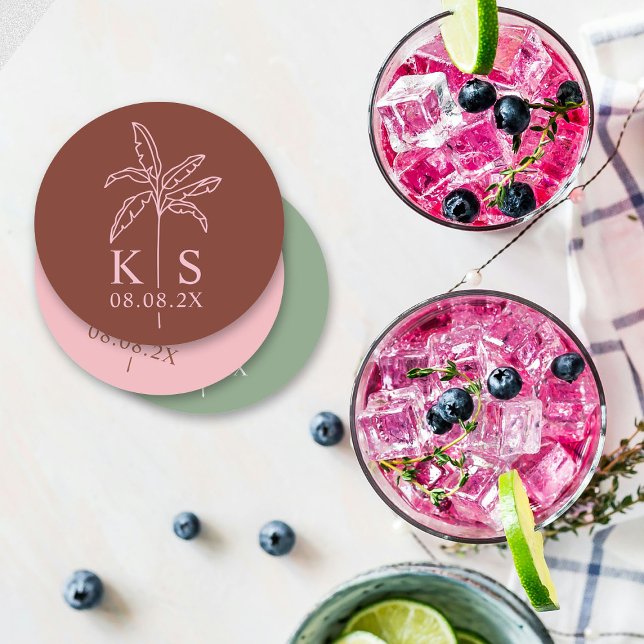 Dessous-de-verre Rond En Papier Monogramme de palmier personnalisé Enregistrer le  (Créateur téléchargé)