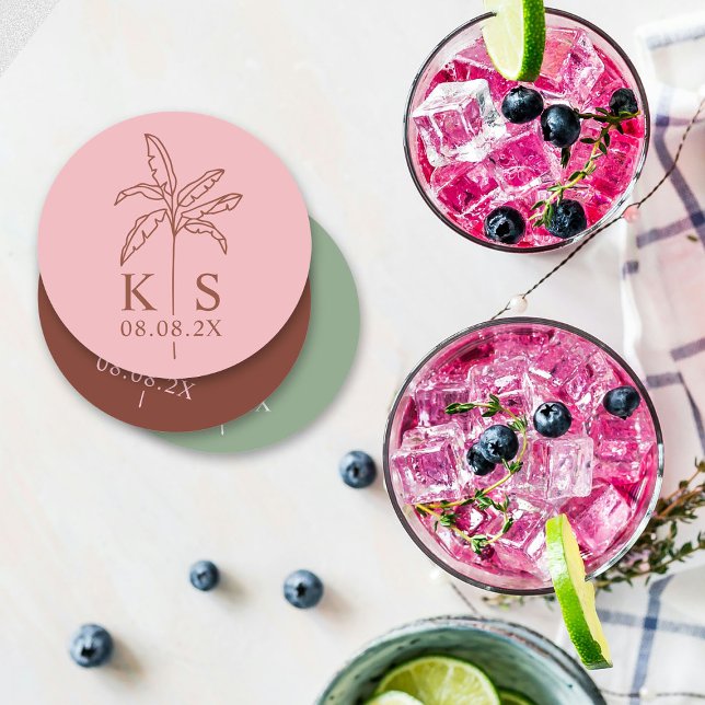 Dessous-de-verre Rond En Papier Monogramme de palmier personnalisé Enregistrer le  (Créateur téléchargé)