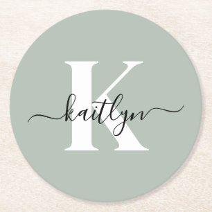 Dessous-de-verre Rond En Papier Monogramme de style moderne vert sauge