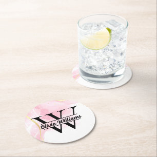 Dessous-de-verre Rond En Papier Monogramme en marbre rose   Parties scintillant d'