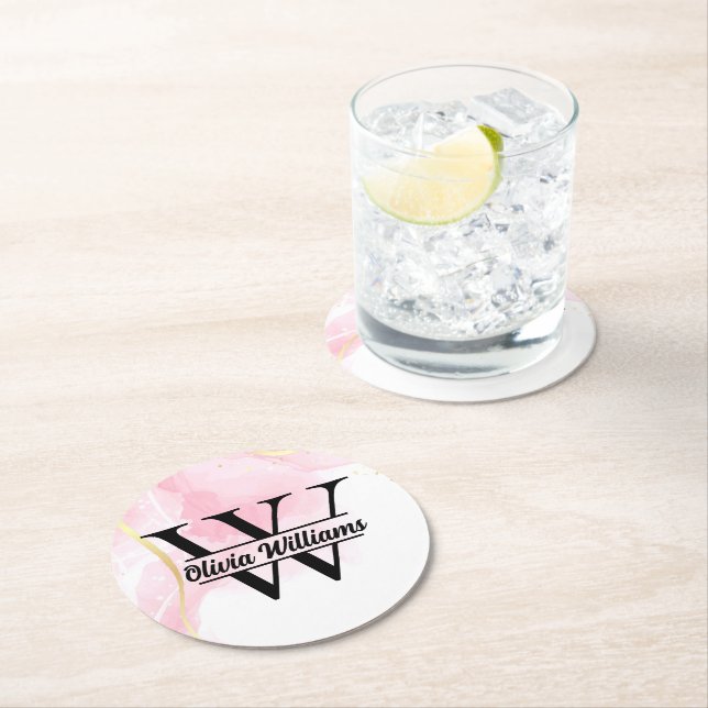 Dessous-de-verre Rond En Papier Monogramme en marbre rose | Parties scintillant d' (En situation)