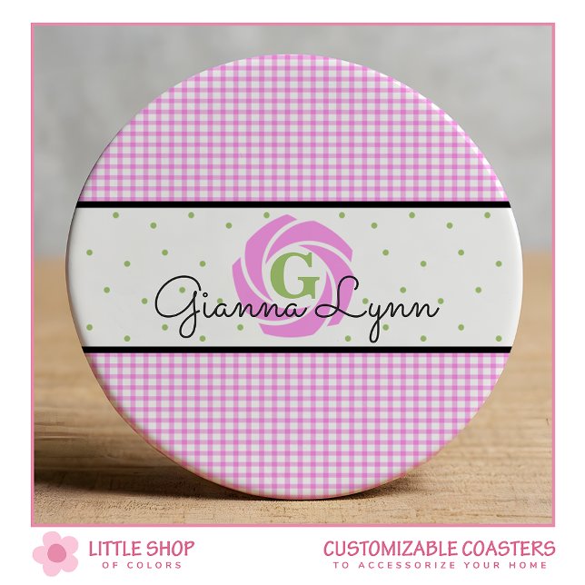 Dessous-de-verre Rond En Papier Monogramme Gingham Rose (Créateur téléchargé)