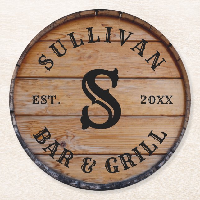 Dessous-de-verre Rond En Papier Monogramme initial personnalisé en bois rustique d (Devant)