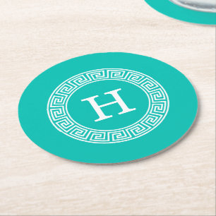 Dessous-de-verre Rond En Papier Monogramme initial turquoise Wht Key grecque