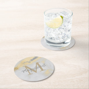Dessous-de-verre Rond En Papier Monogramme Marbre or et gris
