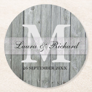 Dessous-de-verre Rond En Papier Monogramme Mariage de mariée et de chambre en bois