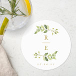 Dessous-de-verre Rond En Papier Monogramme Mariage verdoyant et or<br><div class="desc">Dessous de verre de mariage sur mesure avec monogramme mariage aquarelle.</div>