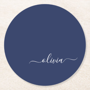 Dessous-de-verre Rond En Papier Monogramme moderne bleu marine et blanc