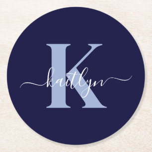 Dessous-de-verre Rond En Papier Monogramme Moderne en Écriture Manuscrite Bleu Nui
