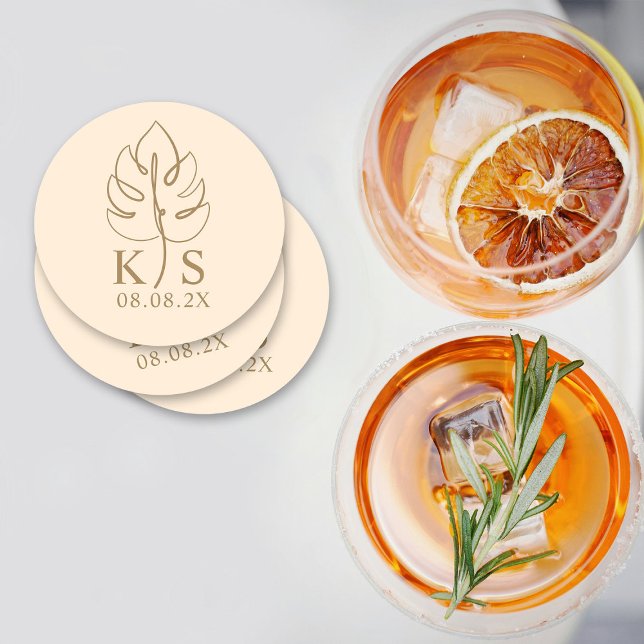 Dessous-de-verre Rond En Papier Monogramme Monstera personnalisé Enregistrer le lo (Créateur téléchargé)