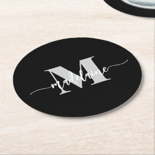 Dessous-de-verre Rond En Papier Monogramme noir argent blanc personnel