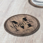 Dessous-de-verre Rond En Papier Monogramme Nom de famille initial Rustic Faux Bois<br><div class="desc">Monogramme Nom De Famille Initiale Dessous de verre Rustique Faux En Bois.</div>