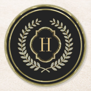 Dessous-de-verre Rond En Papier Monogramme Parties scintillant noir et or Cimier d