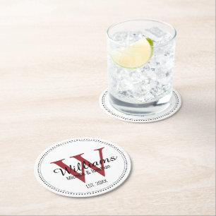 Dessous-de-verre Rond En Papier Monogramme personnalisé rouge nouvellement marié