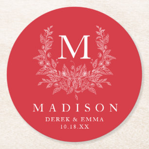 Dessous-de-verre Rond En Papier Monogramme rustique moderne Amaranth mariage rouge