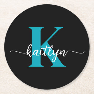 Dessous-de-verre Rond En Papier Monogramme sarcelle noir