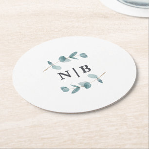 Dessous-de-verre Rond En Papier Monogramme simple minimaliste Mariage d'eucalyptus