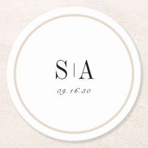 Dessous-de-verre Rond En Papier Monogramme sophistiqué noir et blanc minimaliste