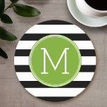 Dessous-de-verre Rond En Papier Monogramme vert Motif rayé noir et blanc<br><div class="desc">Un design simple avec un espace pour monogrammes. Si vous devez ajuster l'illustration ou modifier la police,  vous pouvez cliquer sur la zone personnaliser. Cela vous mènera à l'outil de conception où vous pouvez effectuer de nombreux changements.</div>