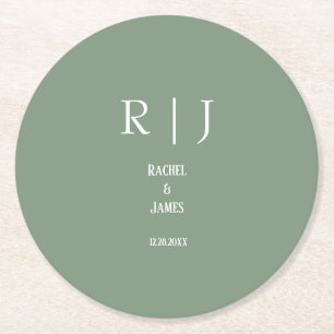 Dessous-de-verre Rond En Papier Monogrammes Vert Sauge Mariage Élégant Moderne Ten