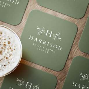 Dessous-de-verre Rond En Papier Monographie rustique sauge vert simple mariage cla