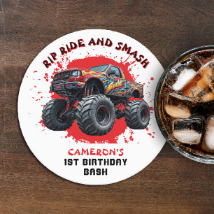 Dessous-de-verre Rond En Papier Monster Truck Smash À damiers Drapeau 1er annivers