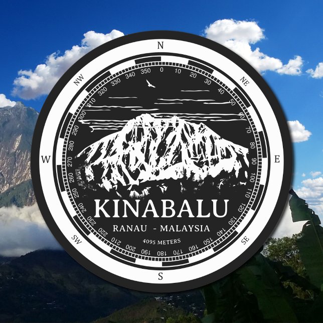 Dessous-de-verre Rond En Papier Mont Kinabalu - Ranau Malaisie Sabah Illustration (Mount Kinabalu Malaysia Coaster in Back with a white compass and mountain illustration)