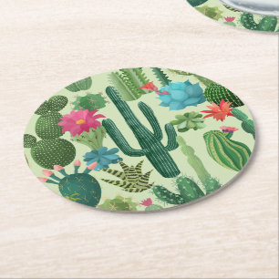 Dessous-de-verre Rond En Papier Motif de cactus Turquoises verts en fleurs
