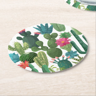 Dessous-de-verre Rond En Papier Motif de cactus Turquoises verts en fleurs